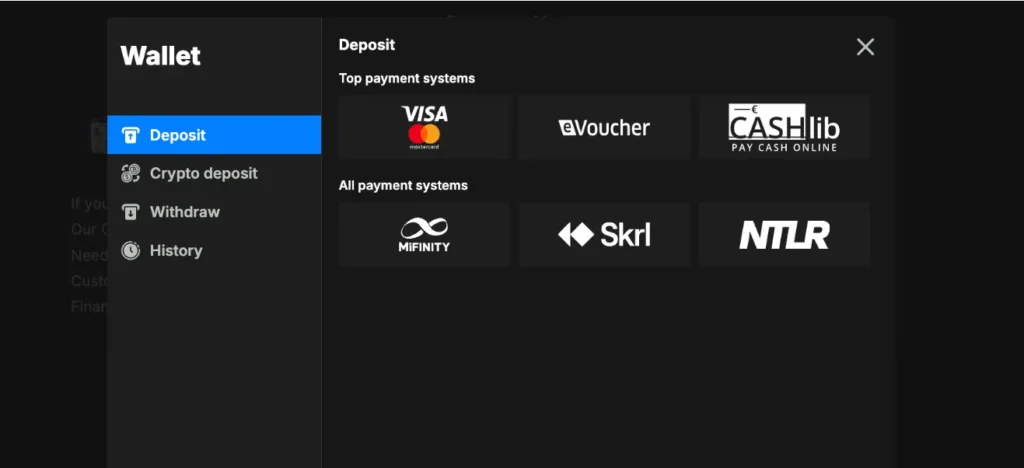 nikaspin deposit options